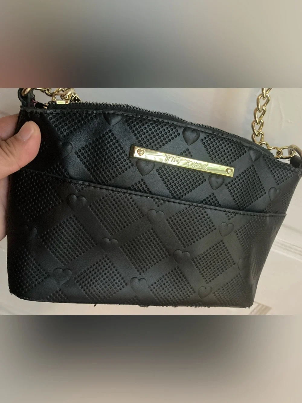 Betsey Johnson Black Heart Embossed Crossbody Bag with Gold Chain